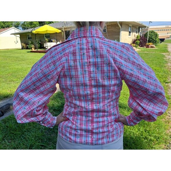 Vintage 70's Pink Plaid Button-Up Blouse Floral Print Puff Sleeves Handmade - Picture 3 of 11